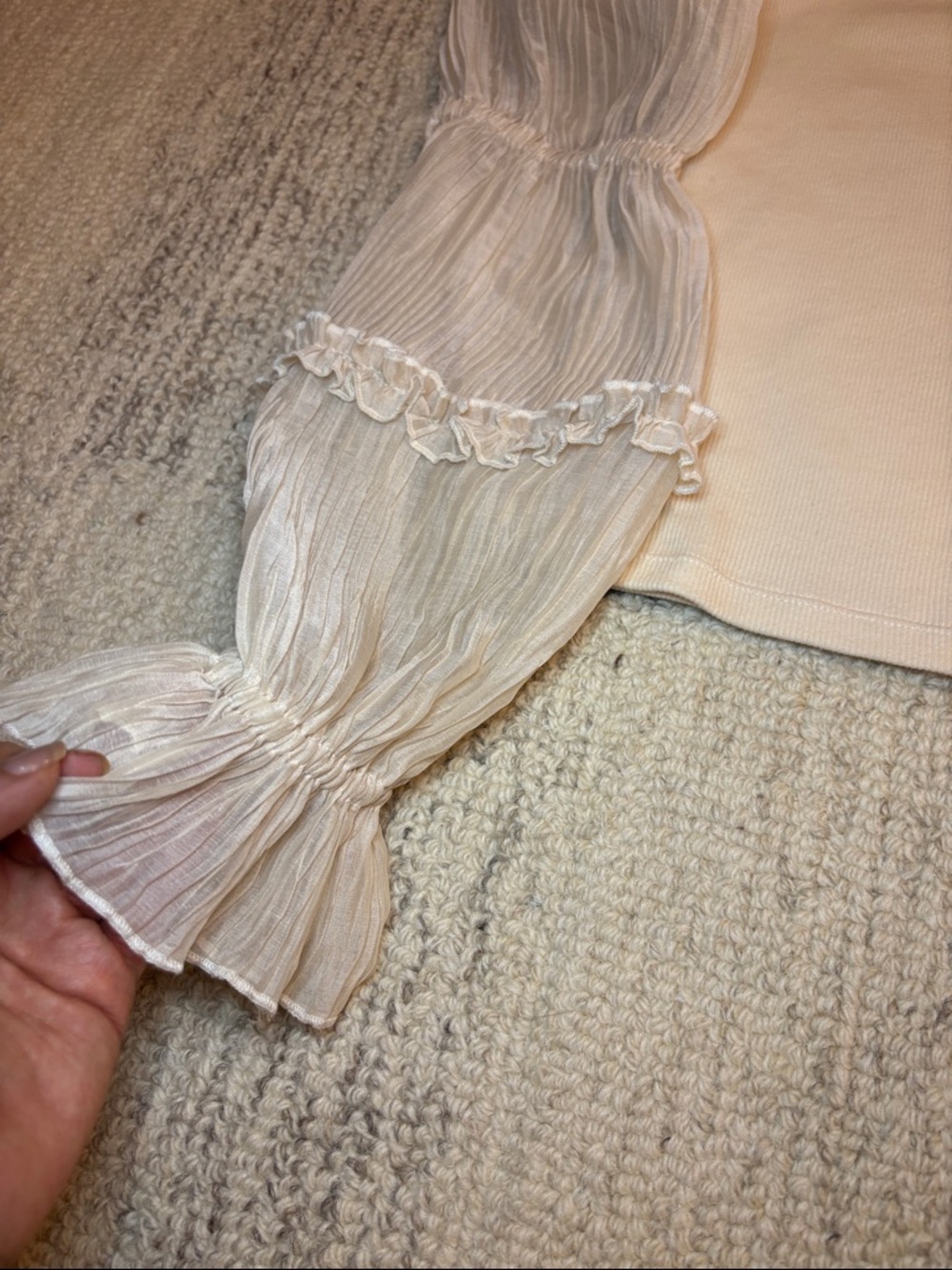 Anthropologie Cream Knit Crop Top with Sheer Ruffle Puff Sleeves NWOT - Picture 7 of 13